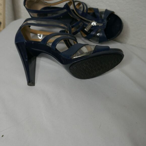 Michael Kors Navy Blue T Strap Sandal Heel Strappy Leather PVC 7M - Picture 6 of 12